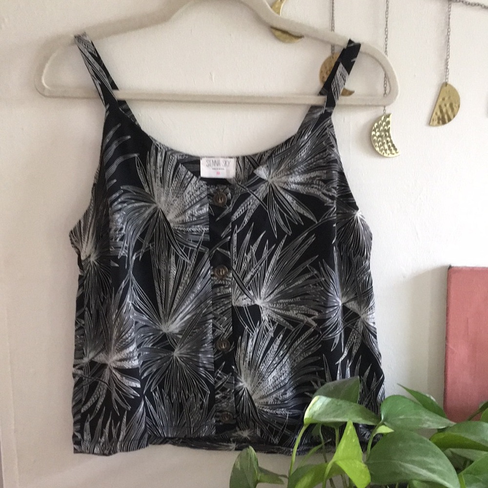 Black floral printed tank top with buttons